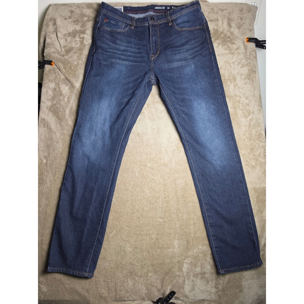 MBX Mens Athletic Fit Dark Wash Denim Jeans Blue W36 L32 Whiskered Stretch